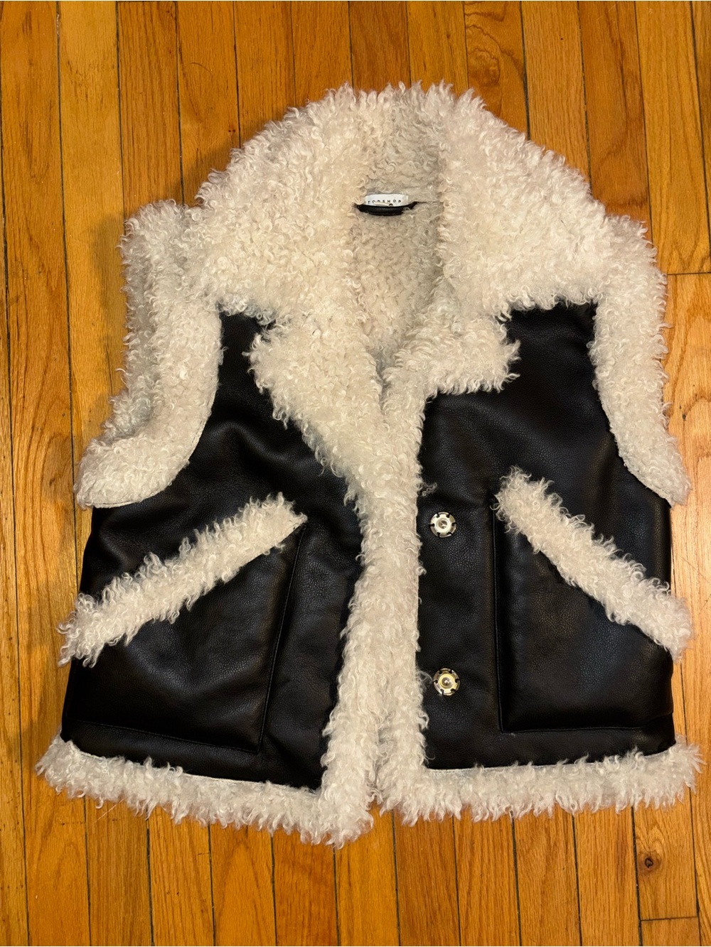 Topshop Black Faux Leather Vest with Cream Sherpa Trim